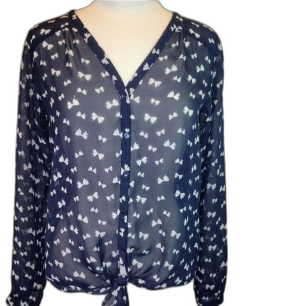 The Limited navy blue button down bow tie waist shirt top s y2k small blouse